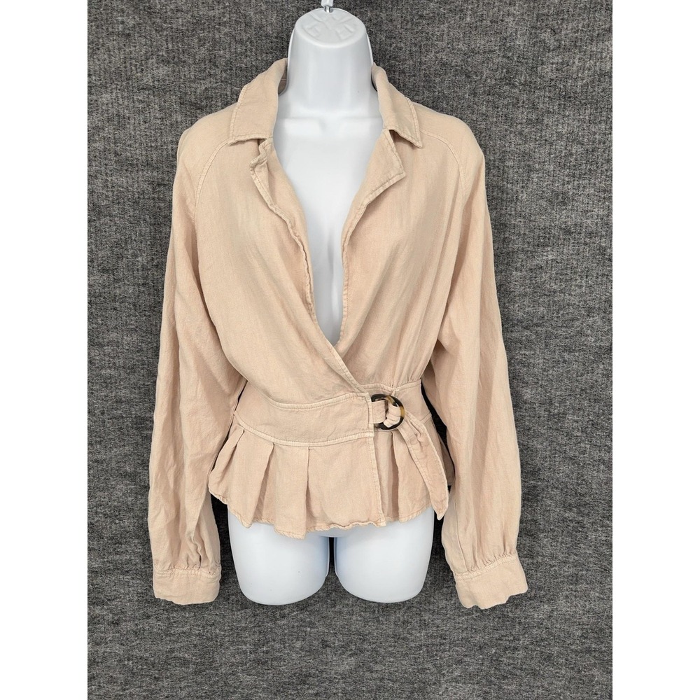 Free People Blouse Womens XS Beige Linen Blend Collared Wrap Belted Peplum Top‎